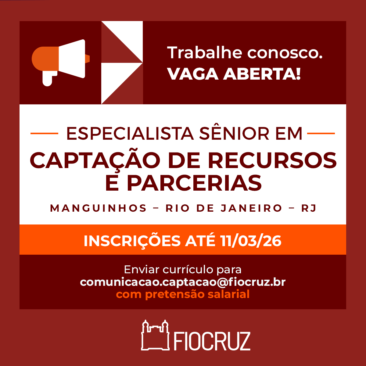 EC/Fiocruz contrata Especialista Sênior em Captação de Recursos e Parcerias